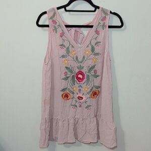 Entro Embroidered Ruffle Hem Tank Top Pink Floral Boho Fairycore Women's Size S
